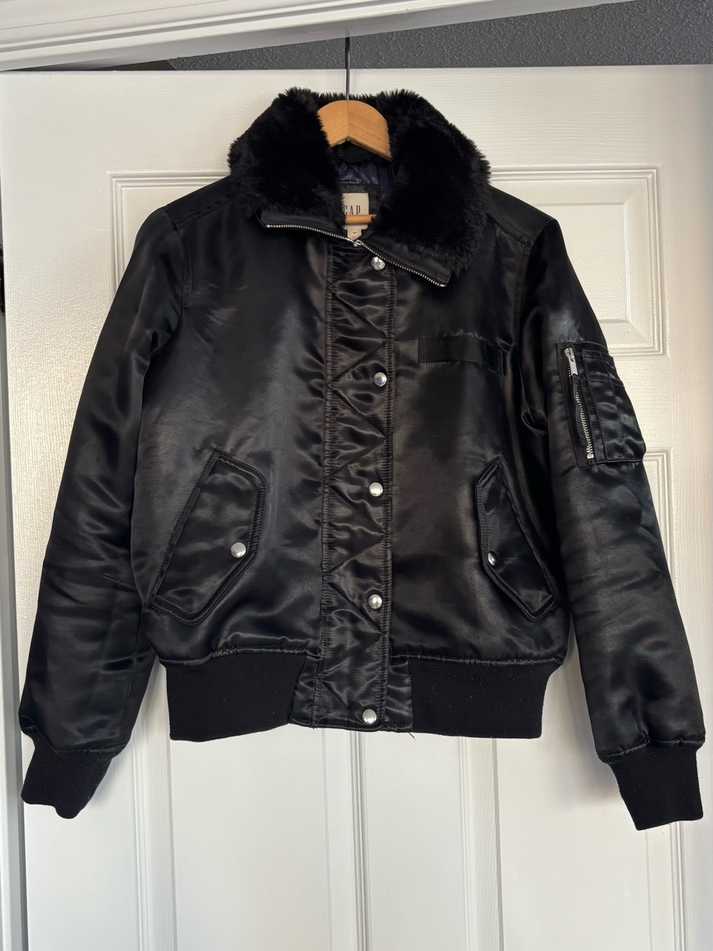 GAP Black Satin Faux Fur-Collar Bomber Jacket - Women